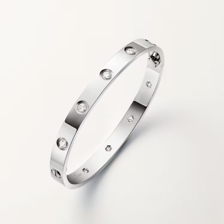 silver stainless steel white diamond bangle.